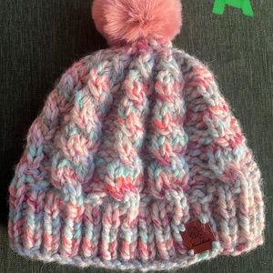 Cable Hand Knit Hat Fur Pom